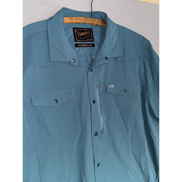 Howler Brothers Emerger Tech Shirt Mens XL Blue Slate Short Sleeve Snap Western - Picture 2 of 7
